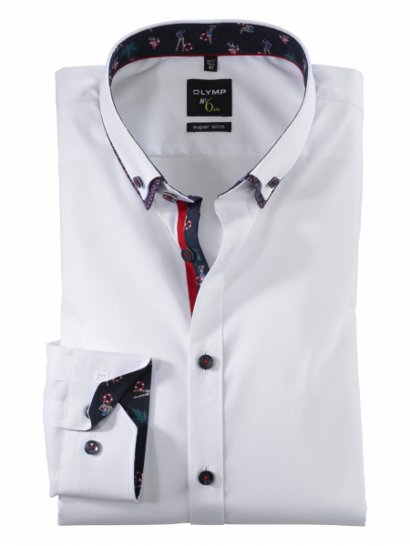 OLYMP No. Six 2525, Fehér Hosszú Ujjú Ing, Super slim, Button-down