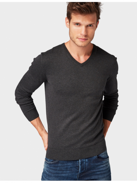 TOM TAILOR Basic V-Neck 2820, Szürke Kötött Pulóver